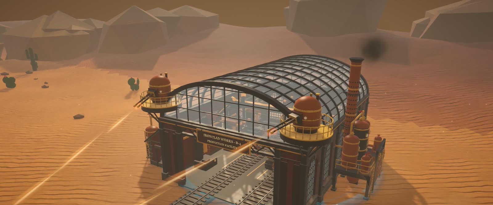 The glass-roofed factory with flak towers firing at its corners