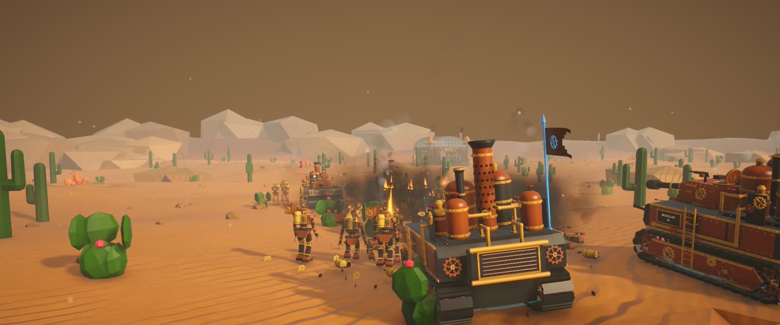 A B-4 tank and a column of steam robots fighting across the desert under a flag