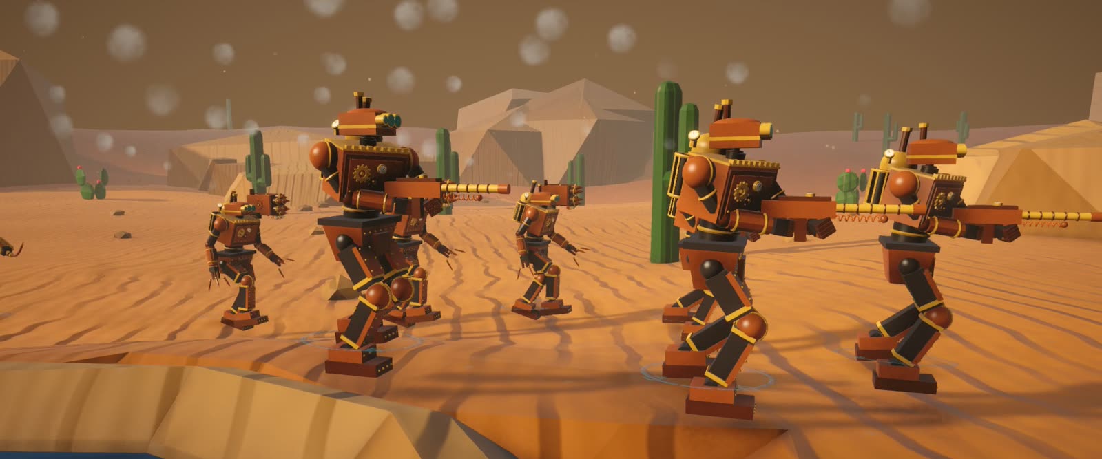 A squad of brass SMG Bots and RifleClads marching past a cactus