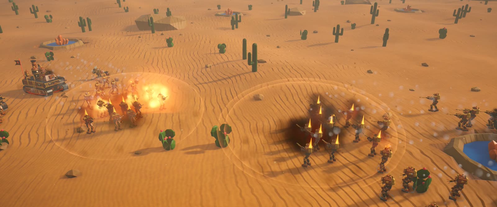 Two armies colliding beside an ore pond with explosions